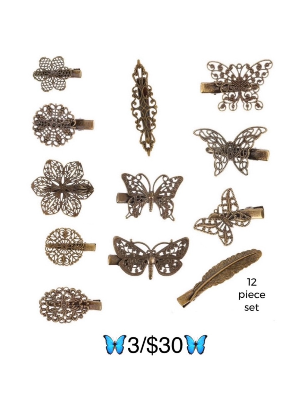 Hair Clips Butterfly Flower Feather Hair Barrettes 12 Piece Set Bronze Tone New